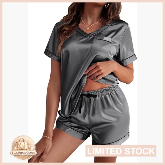 Satin Pajama Set Short Sleeve Soft Sleepwear Loungewear V-Neck Drawstring Shorts